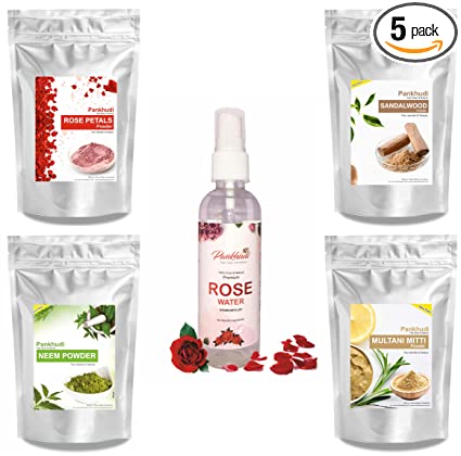 Pankhudi Multani Mitti + Chandan Powder + Neem Powder + Rose Powder + Pankhudi Rose Water Combo Face Pack – 100gm Each